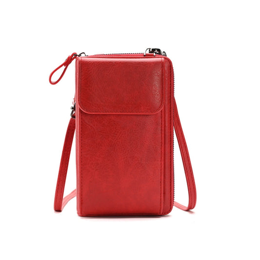 Red vertical crossbody phone bag with front flap and adjustable shoulder strap