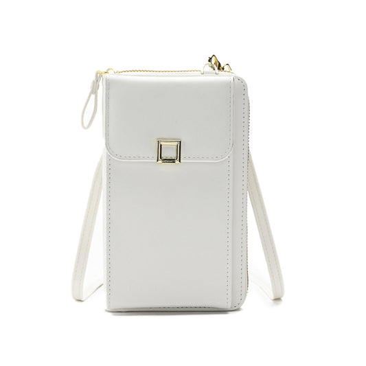White cross-body shoulder bag with flap front and gold-tone clasp