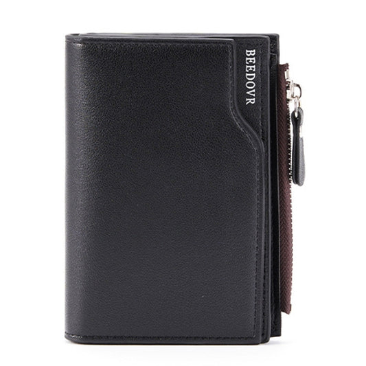 Men's black leather short wallet with zip closure and side keychain loop