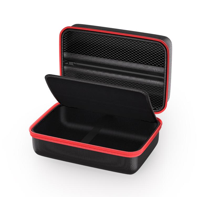 Black storage bag opened with red piping and zippered divider, compact organizer case