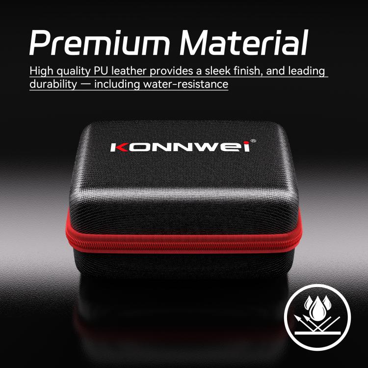 Black cushioned storage case with red zipper trim and handle, KONNWEI logo