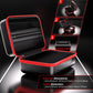 Open black organizer case with red zipper trim and two interior compartments, sturdy handle