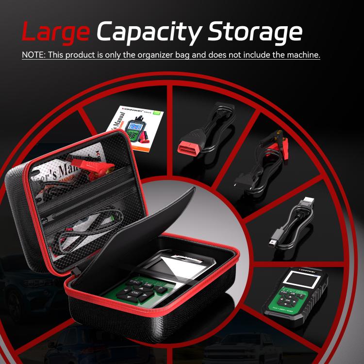 Large-capacity black diagnostic tool storage bag with red zipper and open compartments