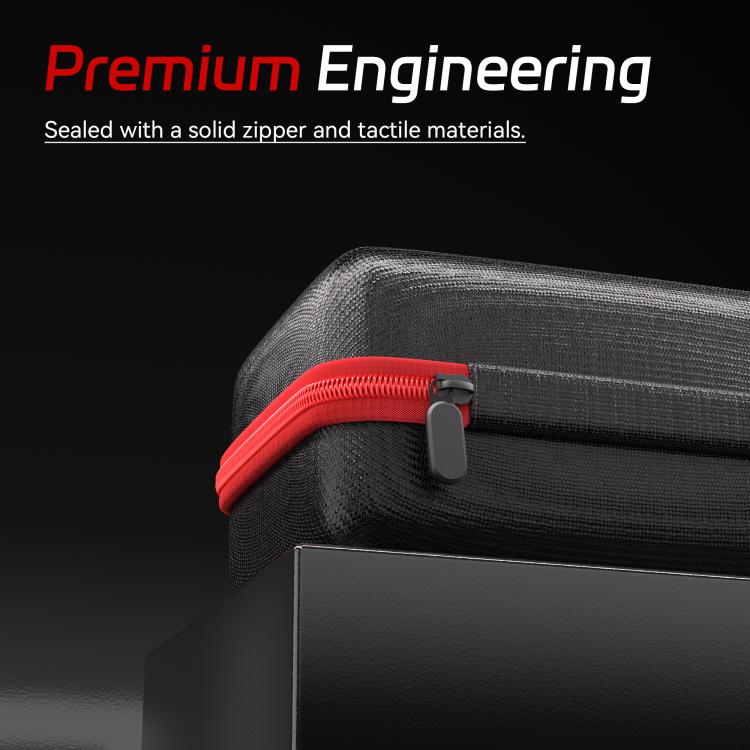 Black PU storage bag with red zipper track and gray zipper pull, rounded corner
