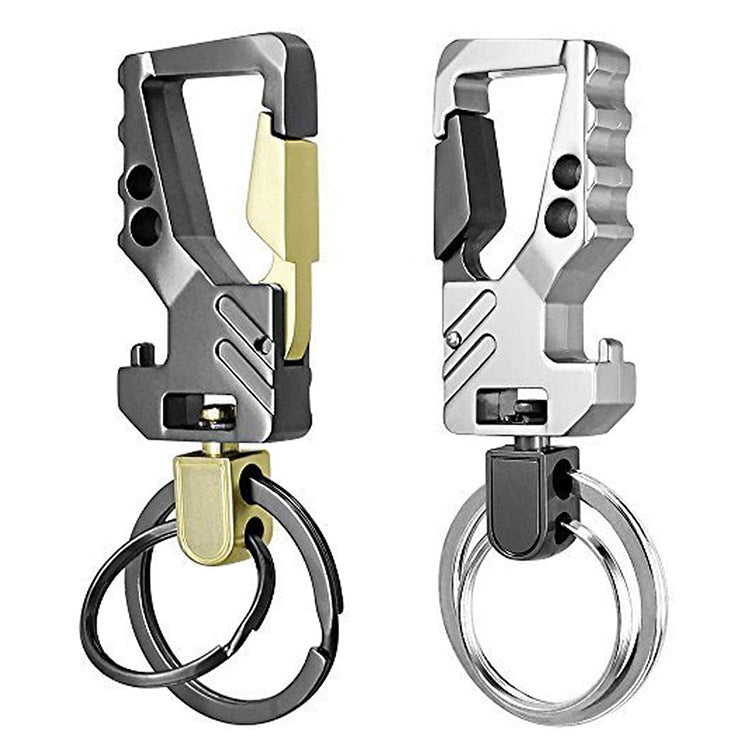 Set of two double key ring car keychains: black/gold and silver bottle opener