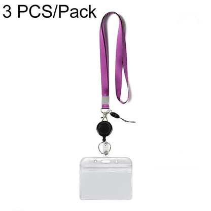 Purple transparent PVC horizontal ID badge holder with lanyard and clear card sleeve