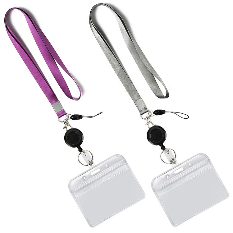 Transparent PVC horizontal ID badge holders with purple and gray lanyards, two clear sleeves