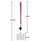 Purple PVC ID badge holder with lanyard and height/width measurement diagram