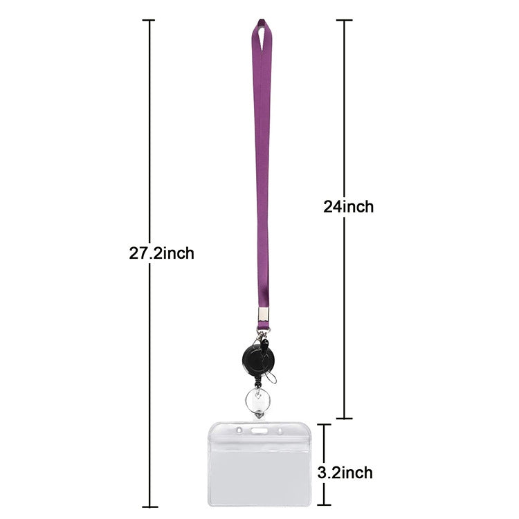 Purple PVC ID badge holder with lanyard and height/width measurement diagram