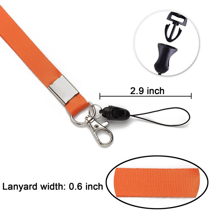 Orange lanyard ID badge holder with metal clips and size measurement detail