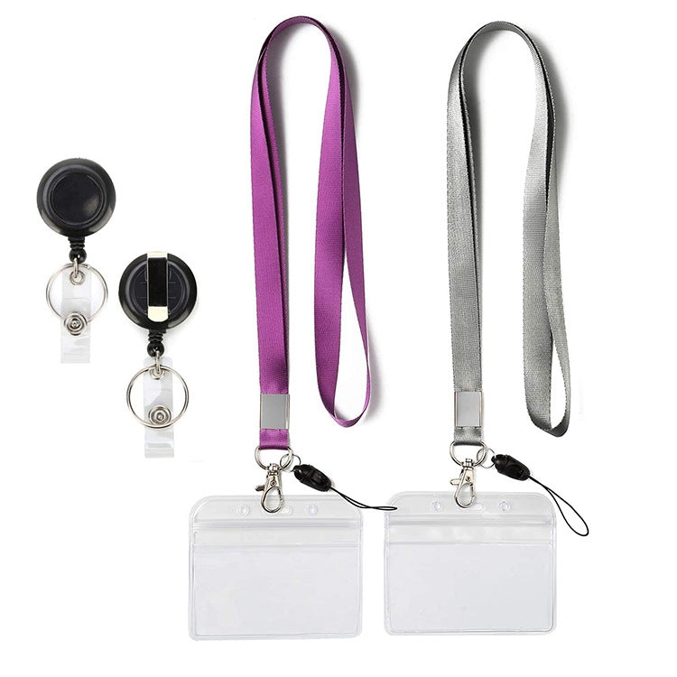 Clear PVC horizontal ID badge holders with purple and gray lanyards, two card sleeves