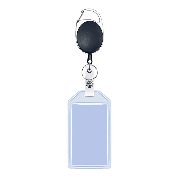 Retractable waterproof card case keychain with round reel and blue card sleeve
