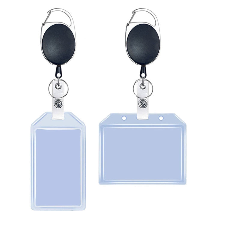 Two retractable waterproof card case keychains with blue card sleeves and key rings