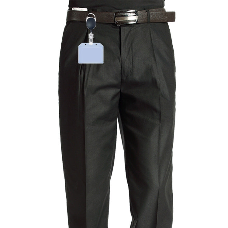 Retractable waterproof card case keychain clipped to black pants with blue sleeve visible