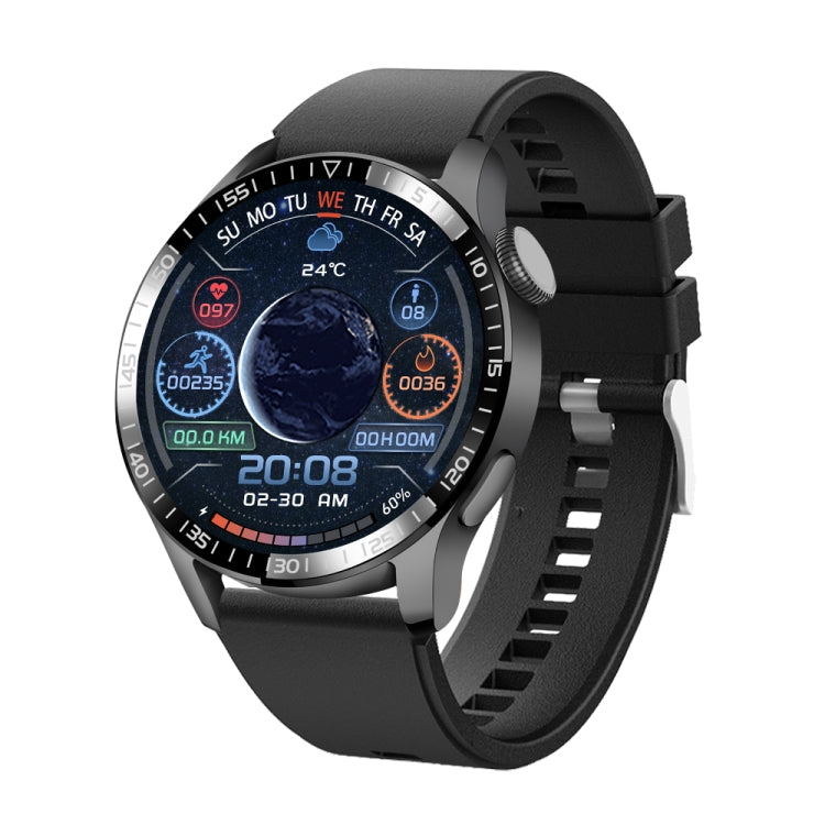 Black silicone smartwatch with round display, metal bezel, and heart rate/BPM screen icons