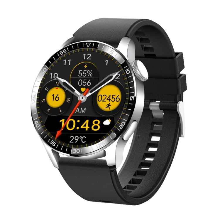 Black silicone smartwatch with round display, metal bezel, and fitness stats dial in yellow