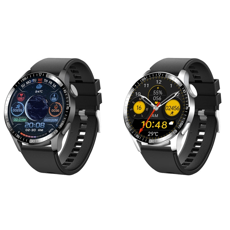 Pair of black silicone smartwatches with round displays and metal bezel, side-by-side view