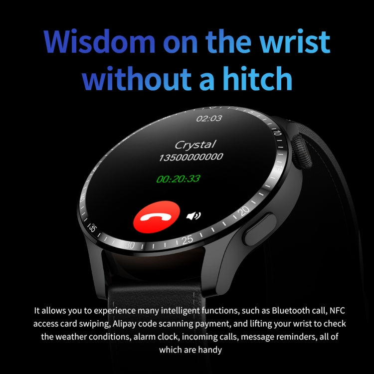 Black silicone smartwatch with round screen showing activity and call icons