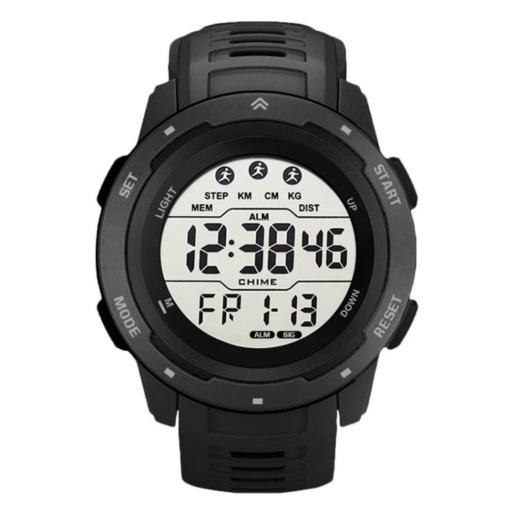 Black digital outdoor running watch with large LCD display and rubber strap