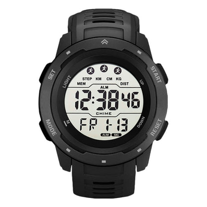Black digital outdoor running watch with large LCD display and rubber strap