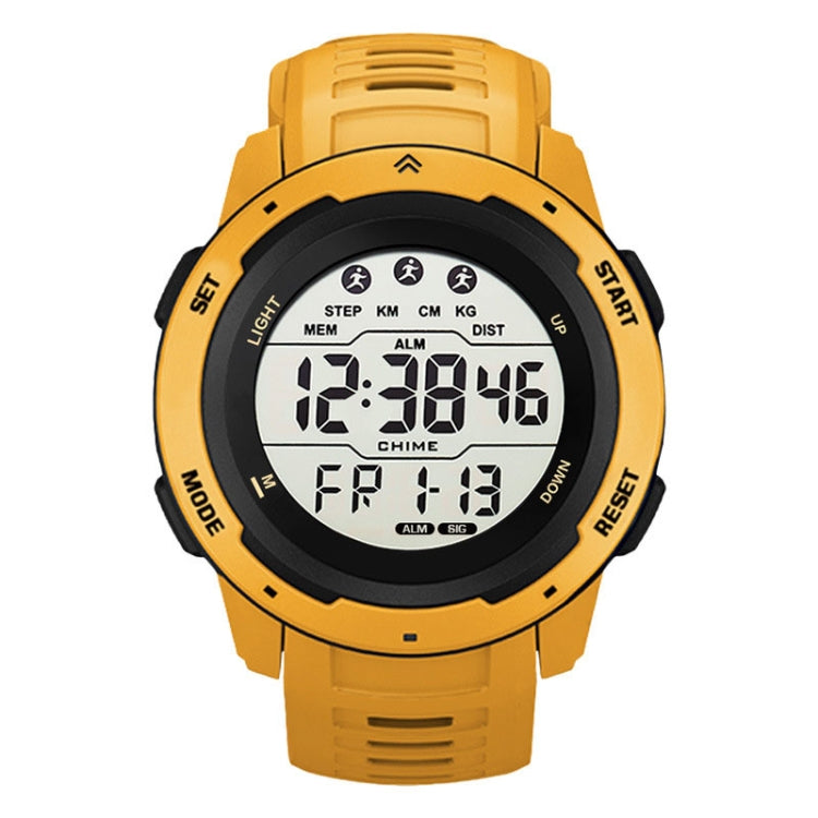 Yellow digital outdoor running watch with large LCD display and rubber strap