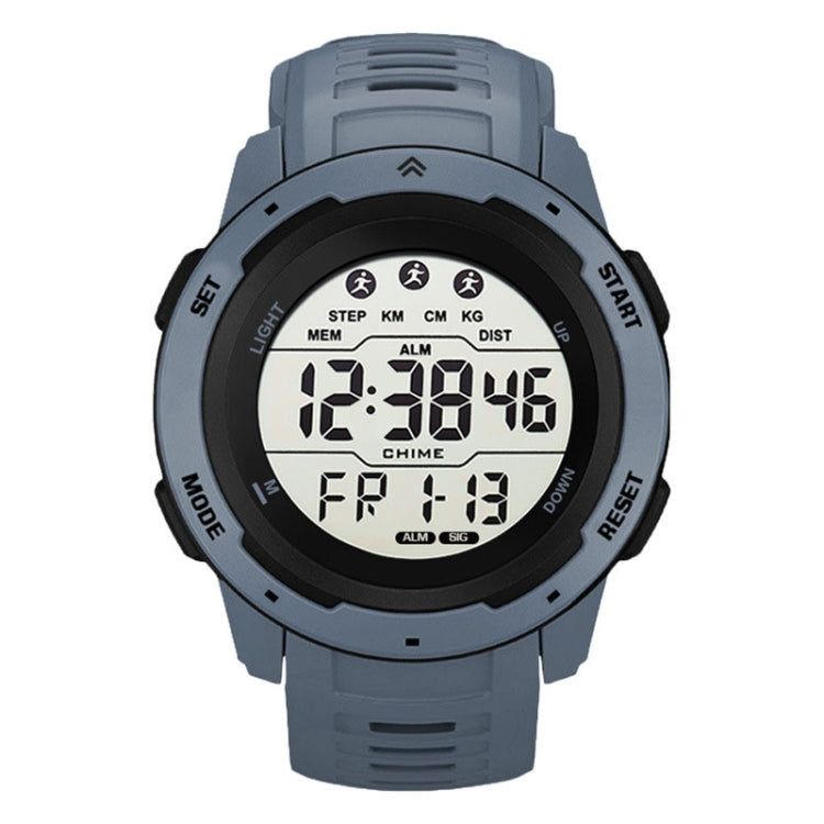 Grey digital outdoor running watch with large LCD display and rubber strap