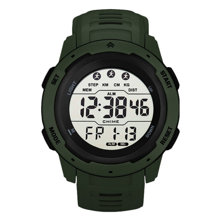 Green digital outdoor running watch with large LCD display and rubber strap