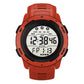 Red digital outdoor running watch with large LCD display and rubber strap