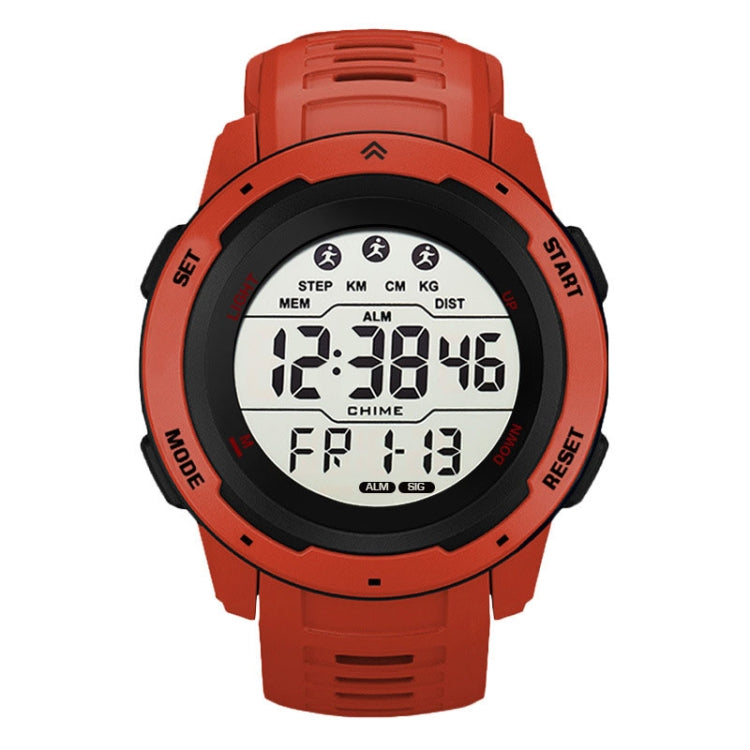 Red digital outdoor running watch with large LCD display and rubber strap