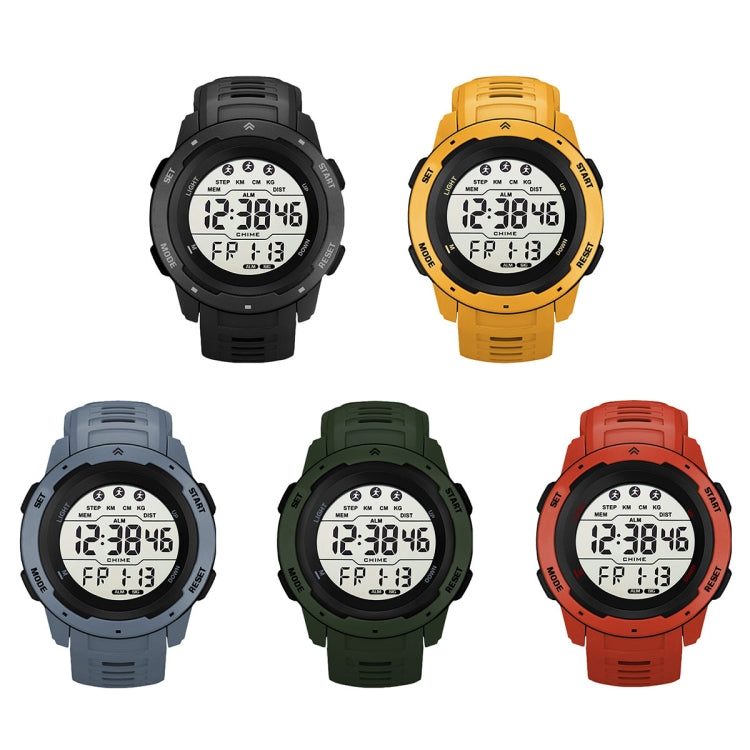 Set of six digital running watches with large LCD displays and rubber straps