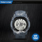 Grey digital running watch with large LCD display showing time with water splash