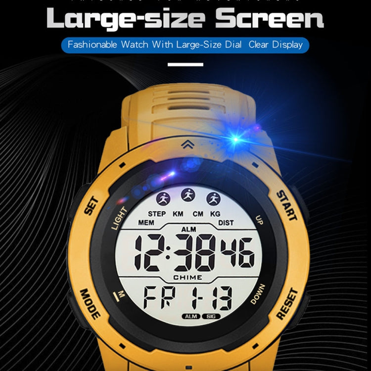 Gold digital running watch with large LCD display and bright blue luminous glow