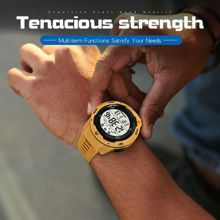 Yellow outdoor running student sports watch with large digital display and side buttons