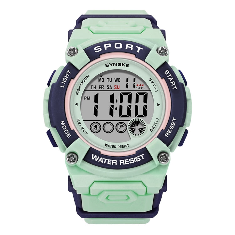 Sports digital watch with green face, black display, and dark purple silicone strap
