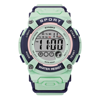 Sports digital watch with green face, black display, and dark purple silicone strap