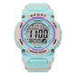 Sports digital watch with aqua face, black display, and light pink silicone strap