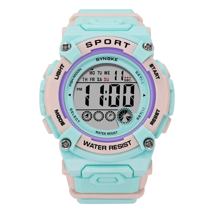 Sports digital watch with aqua face, black display, and light pink silicone strap