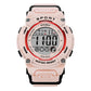 Sports digital watch with pale pink face, black display, and pink silicone strap