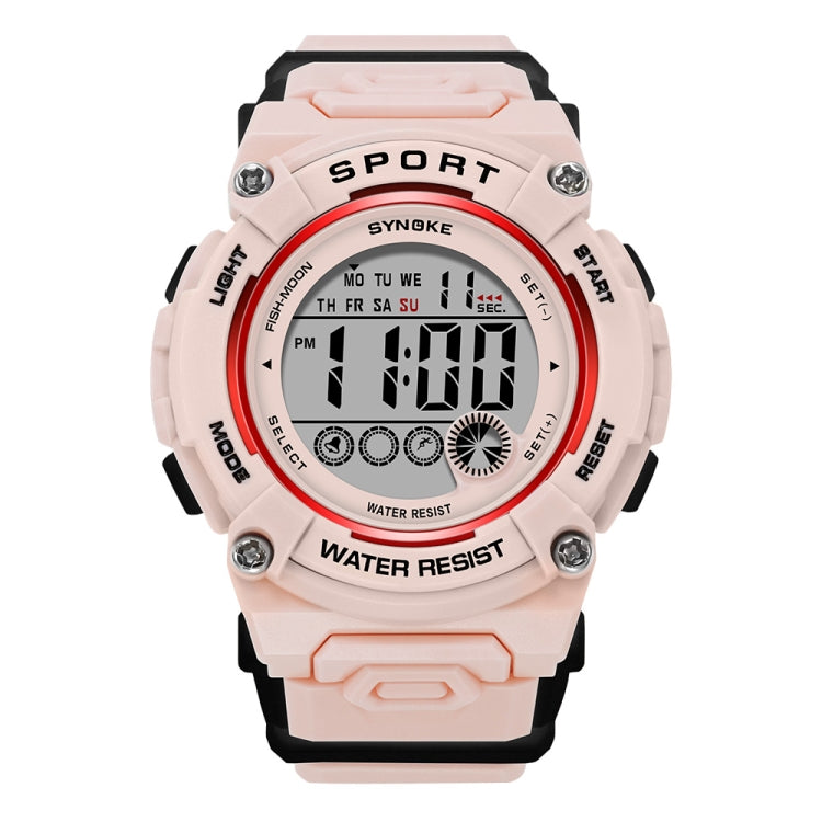 Sports digital watch with pale pink face, black display, and pink silicone strap