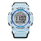 Sports digital watch with light blue face, black display, and light blue silicone strap