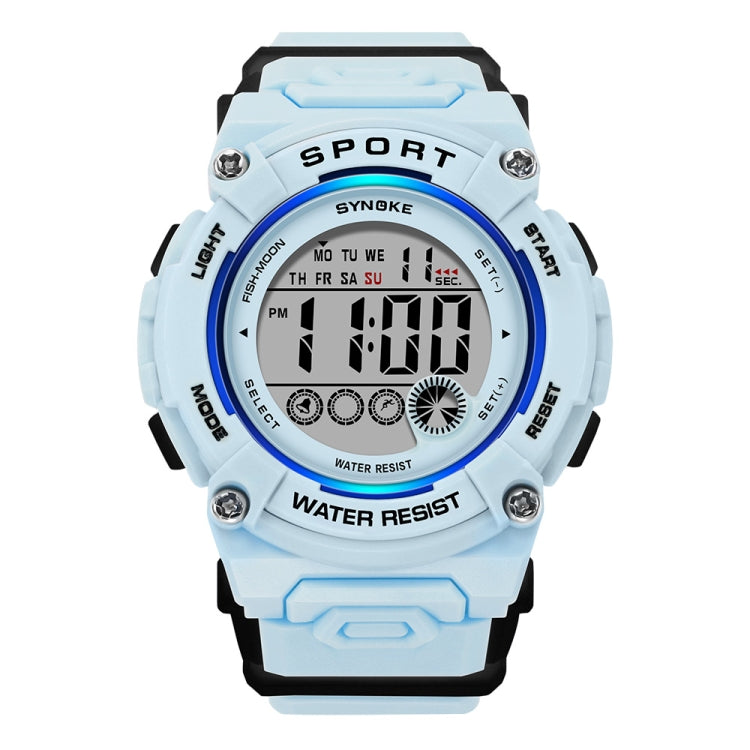 Sports digital watch with light blue face, black display, and light blue silicone strap
