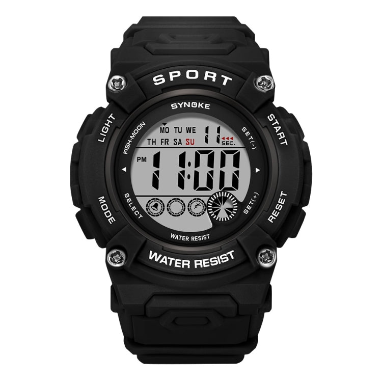 Sports digital watch with black face, black display, and black silicone strap