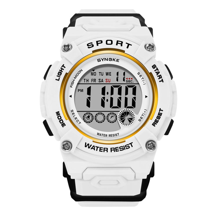 Sports digital watch with white face, black display, and white silicone strap