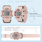 Multifunction sports watch shown with size preview and wearing-range measurements