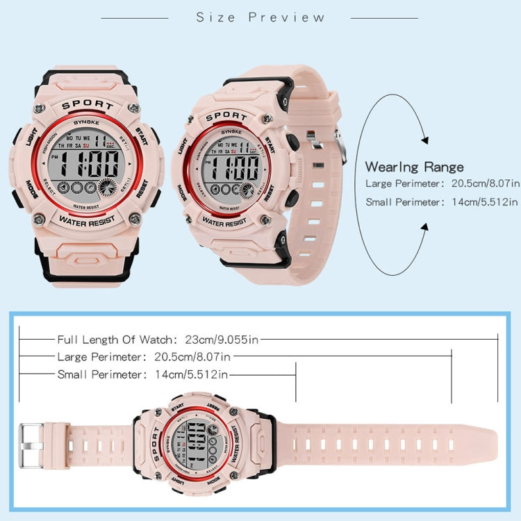 Multifunction sports watch shown with size preview and wearing-range measurements