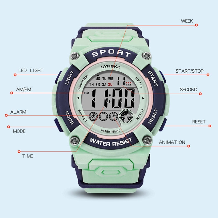 Multifunction sports watch with labeled buttons, animation, reset, and LED light