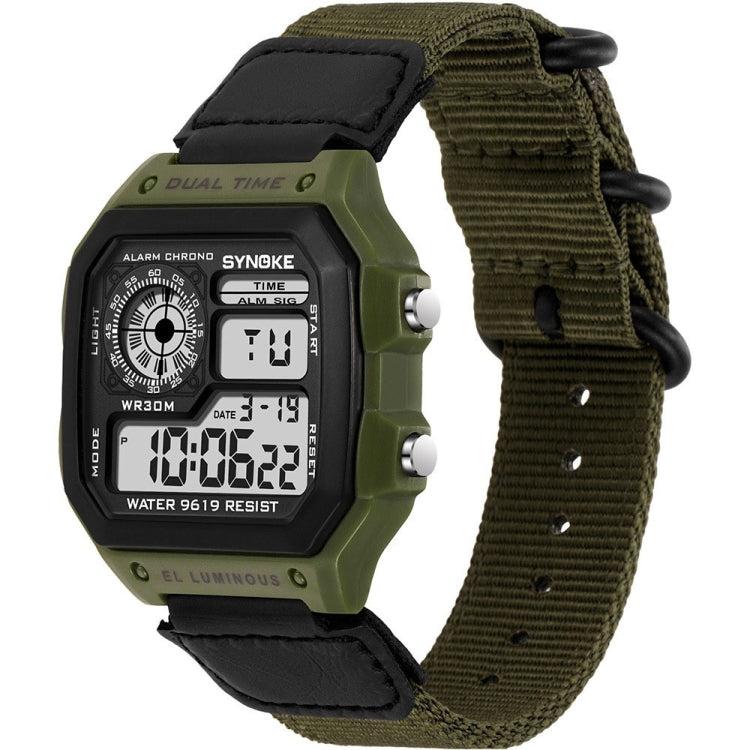 Digital sports watch with dark face and green nylon strap with triple-ring buckle