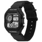 Digital sports watch with black face and black nylon strap with triple-ring buckle
