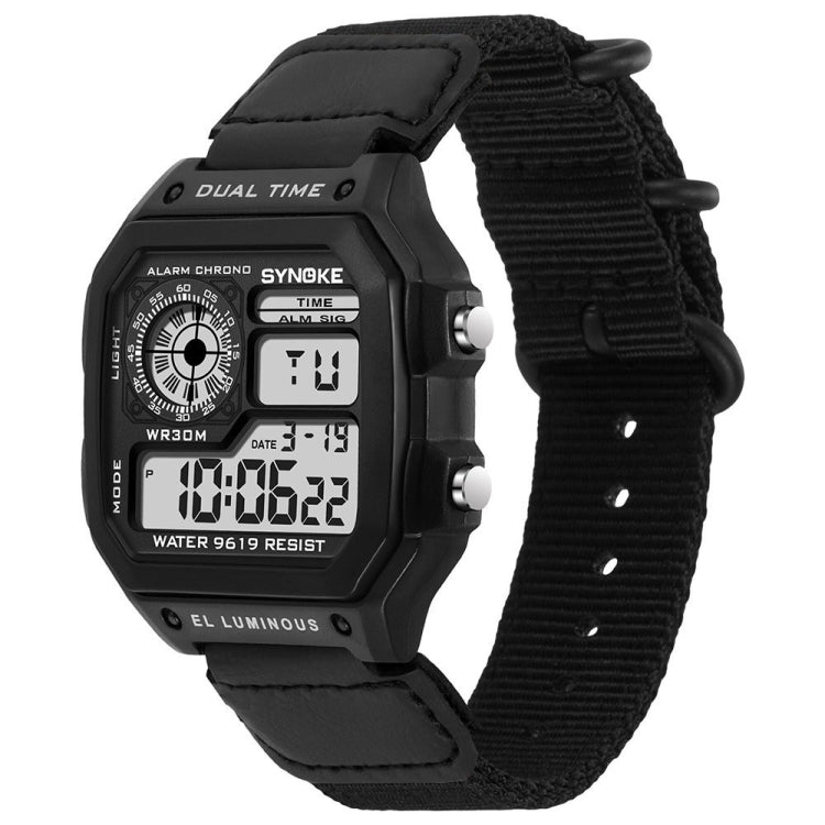 Digital sports watch with black face and black nylon strap with triple-ring buckle