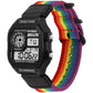 Digital sports watch with black face and rainbow striped nylon strap with triple-ring buckle